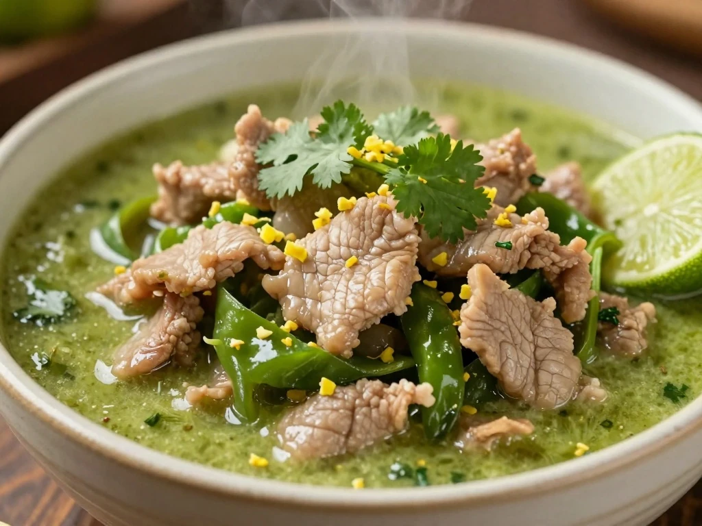 Close-up of reheated green chili pork garnished with cilantro and lime