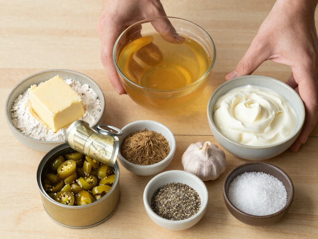 Ingredients for creamy green chili sour cream sauce arranged on a kitchen surface