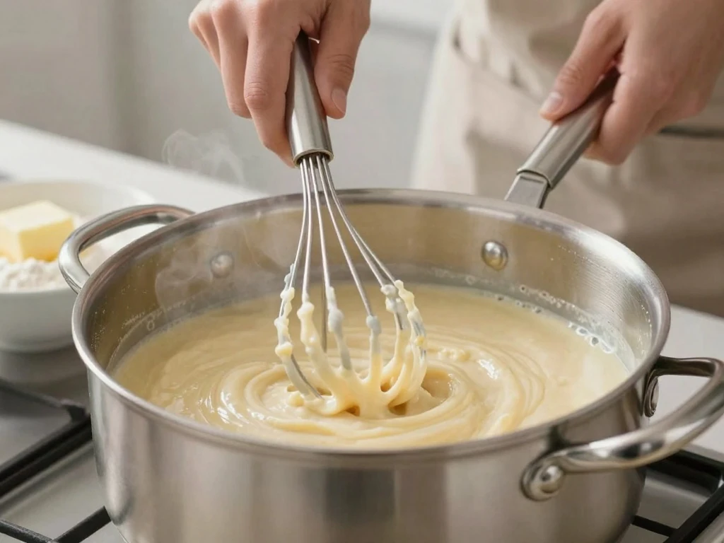 Whisking butter and flour together to make the pale roux for green chili sour cream sauce
