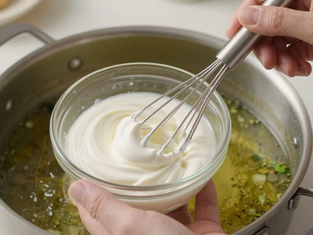 Tempering sour cream before adding it to warm green chile sauce