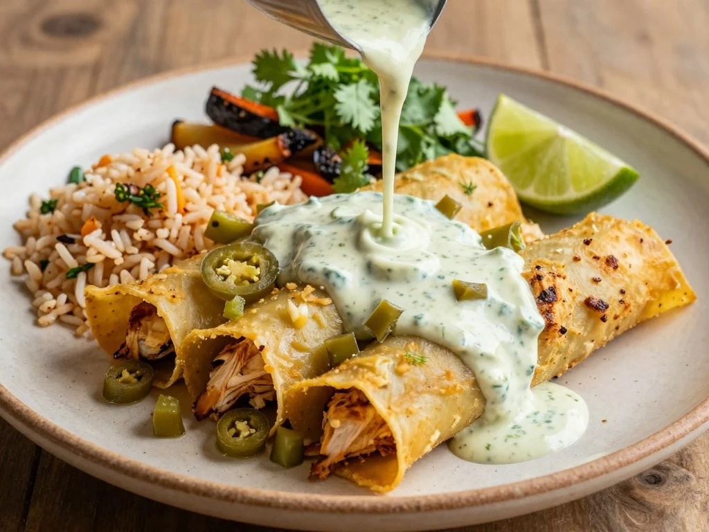 Green chili sour cream sauce served over golden chicken enchiladas with rice