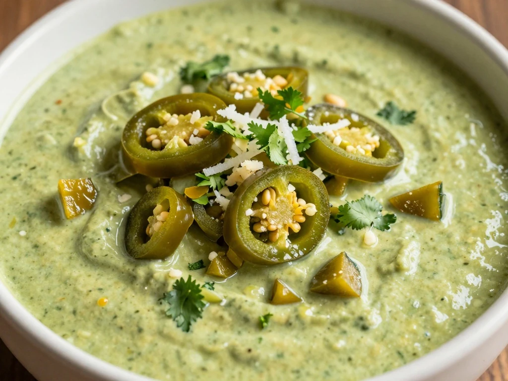 Close-up of green chili sour cream sauce with jalapeño, green chiles, cilantro, and pepper Jack