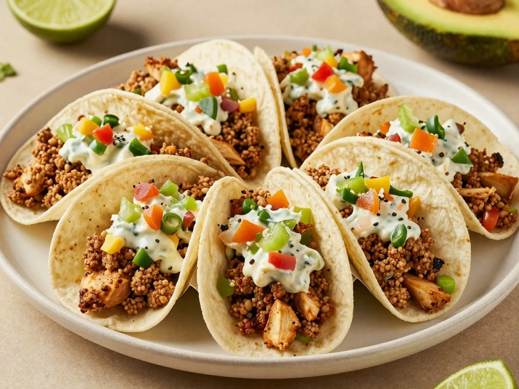 Finished ground chicken tacos with creamy salsa and fresh toppings