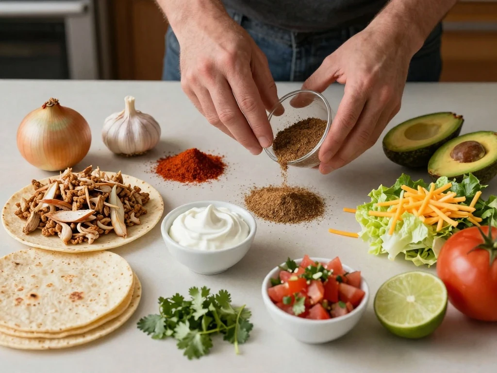 Ingredients for ground chicken tacos with creamy salsa