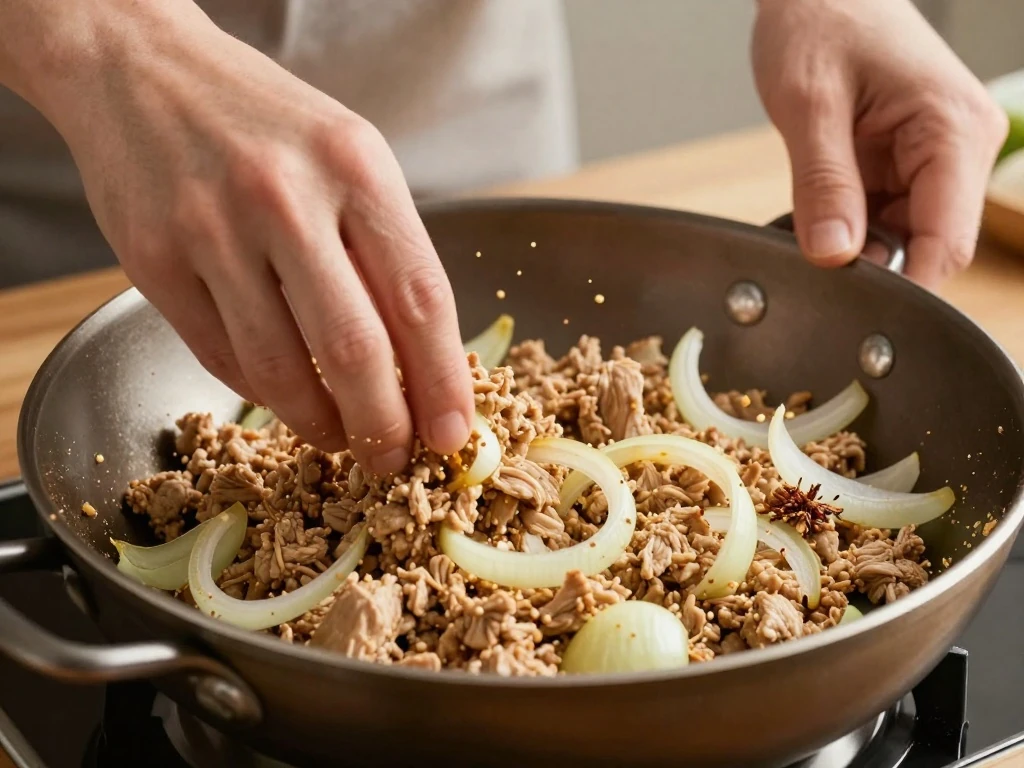 Ground chicken cooking with onion, garlic, and taco spices