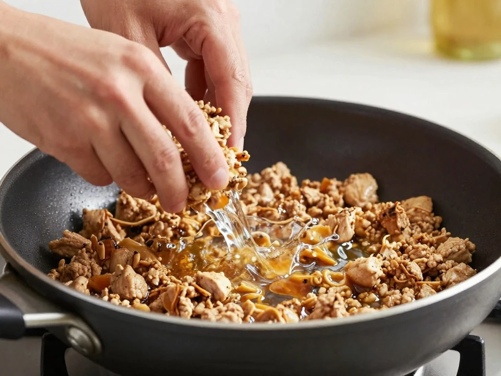 Moist seasoned chicken filling in a skillet