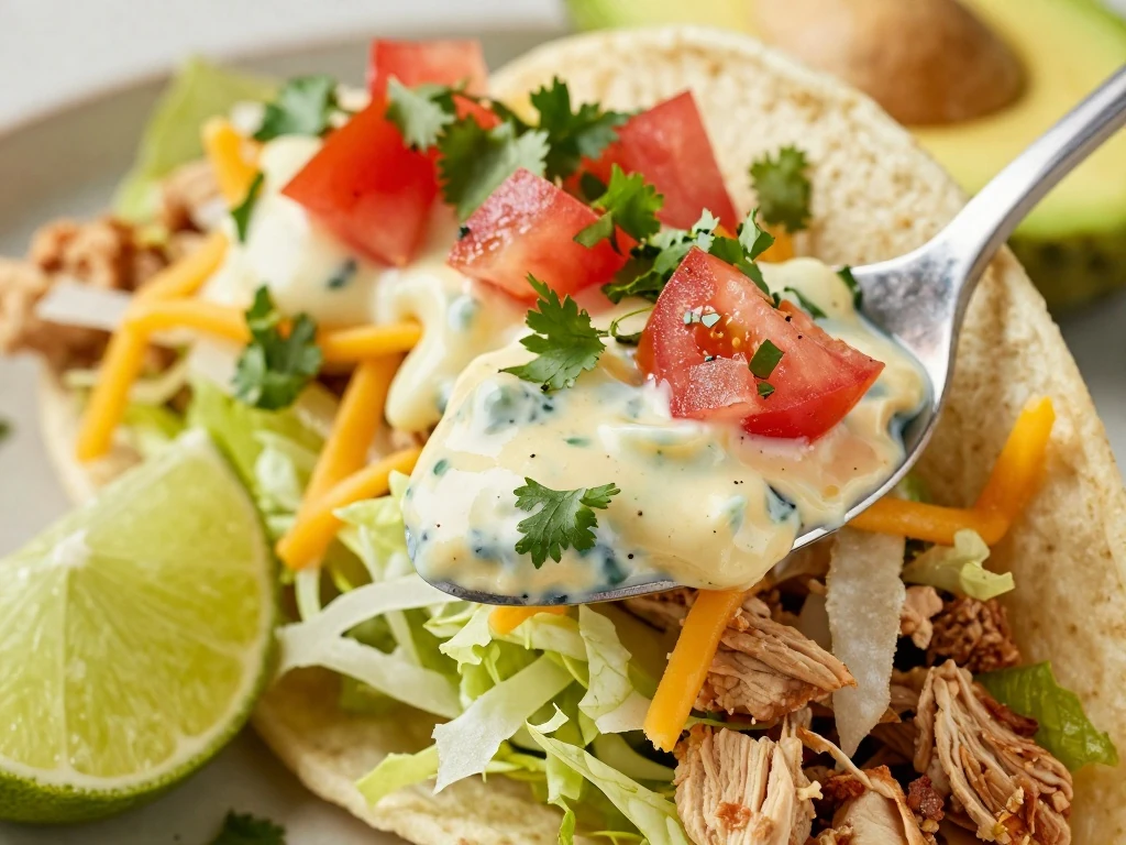 Creamy salsa and fresh toppings on a ground chicken taco