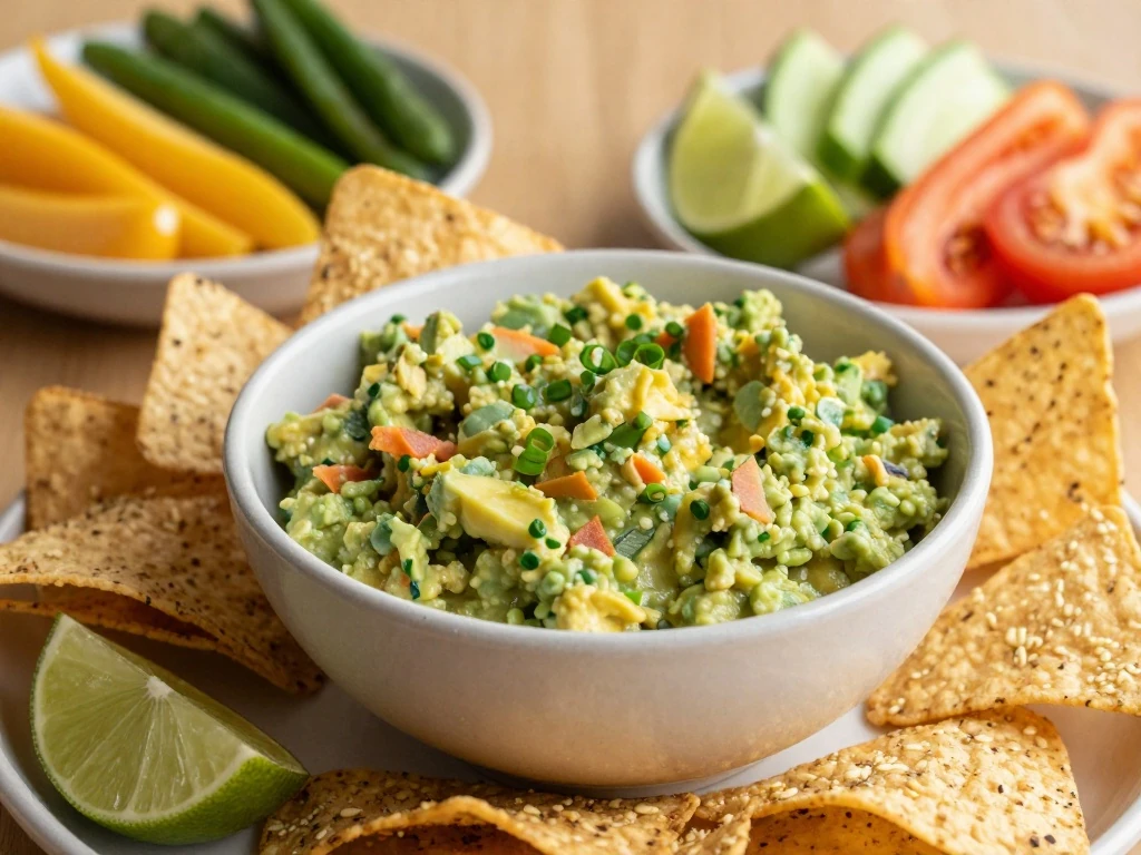 Classic guacamole served with tortilla chips, lime, and fresh vegetables