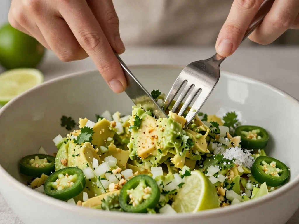 Mashing avocado and aromatics for chunky guacamole