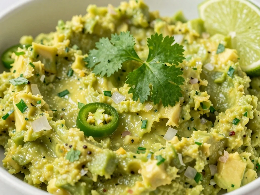 Close-up of chunky guacamole texture and fresh garnish