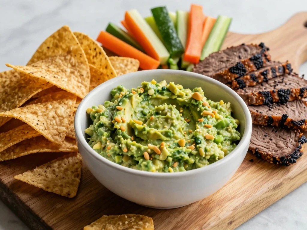 Classic guacamole served with chips, tacos, grilled meat, and vegetables