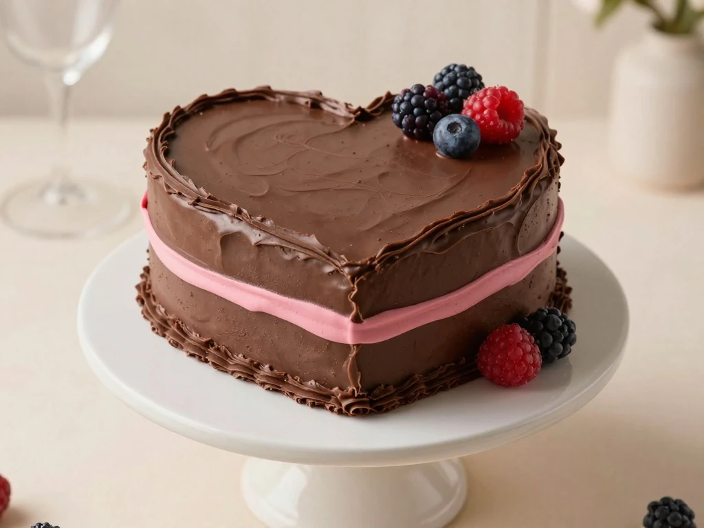 Chocolate heart cake with chocolate buttercream and festive pink decorations