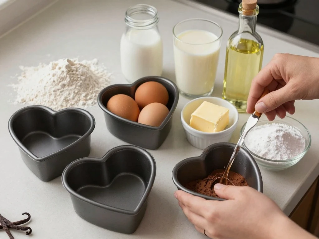 Ingredients for homemade chocolate heart cake and buttercream