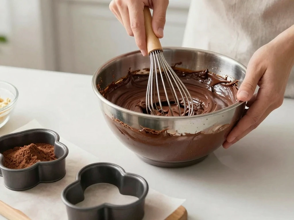 Preparing chocolate batter for heart-shaped cake pans