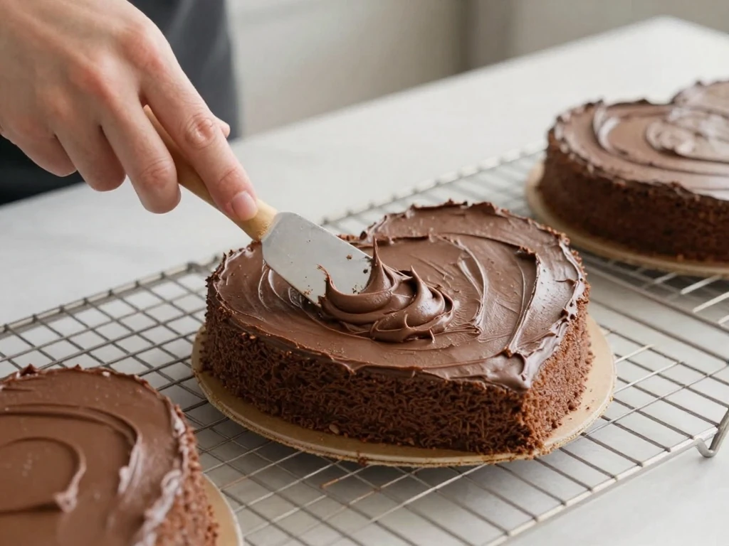 Spreading chocolate buttercream on a heart cake layer