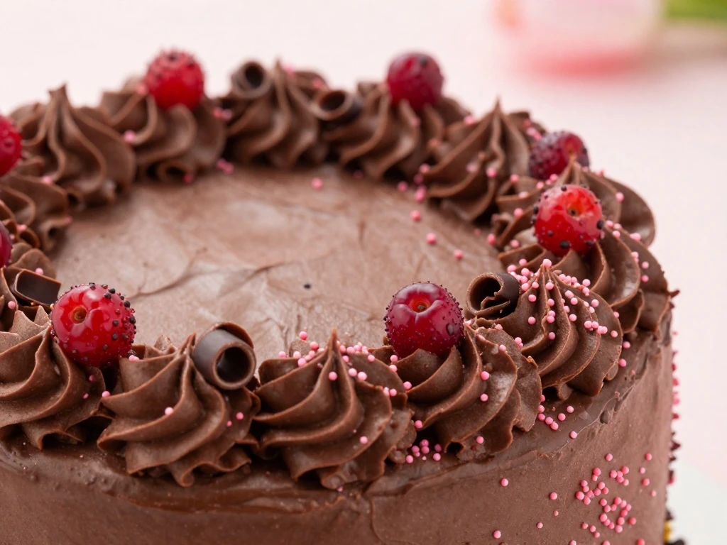 Decorated chocolate heart cake with berries and sprinkles