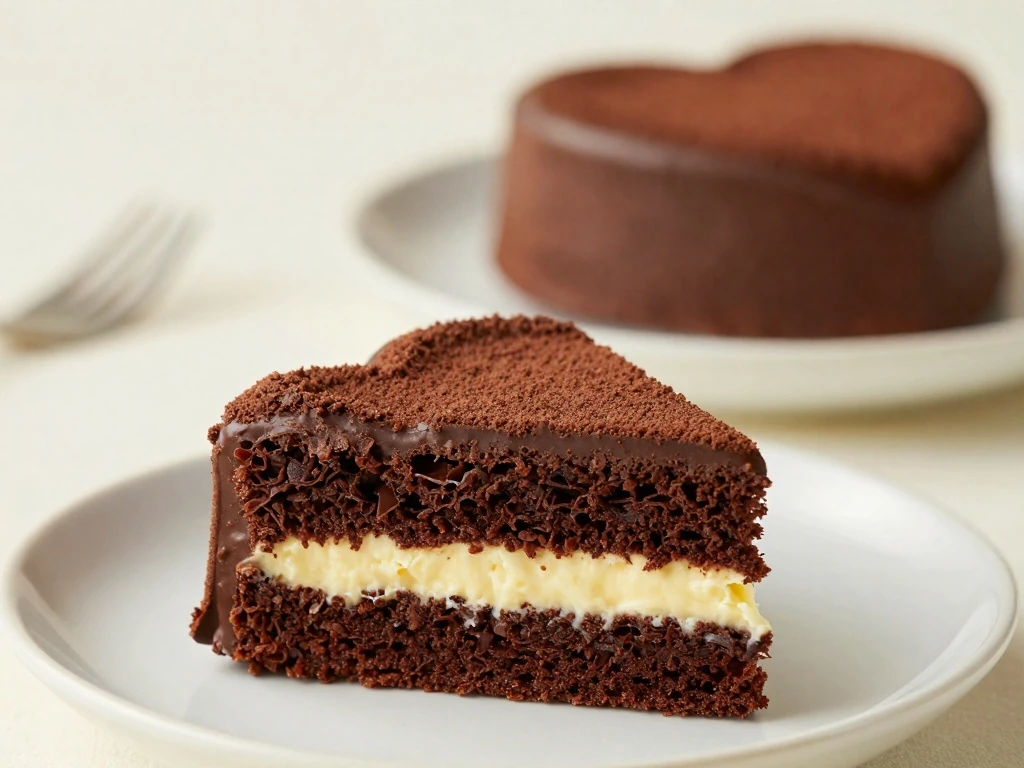 Slice of moist chocolate heart cake with buttercream layers
