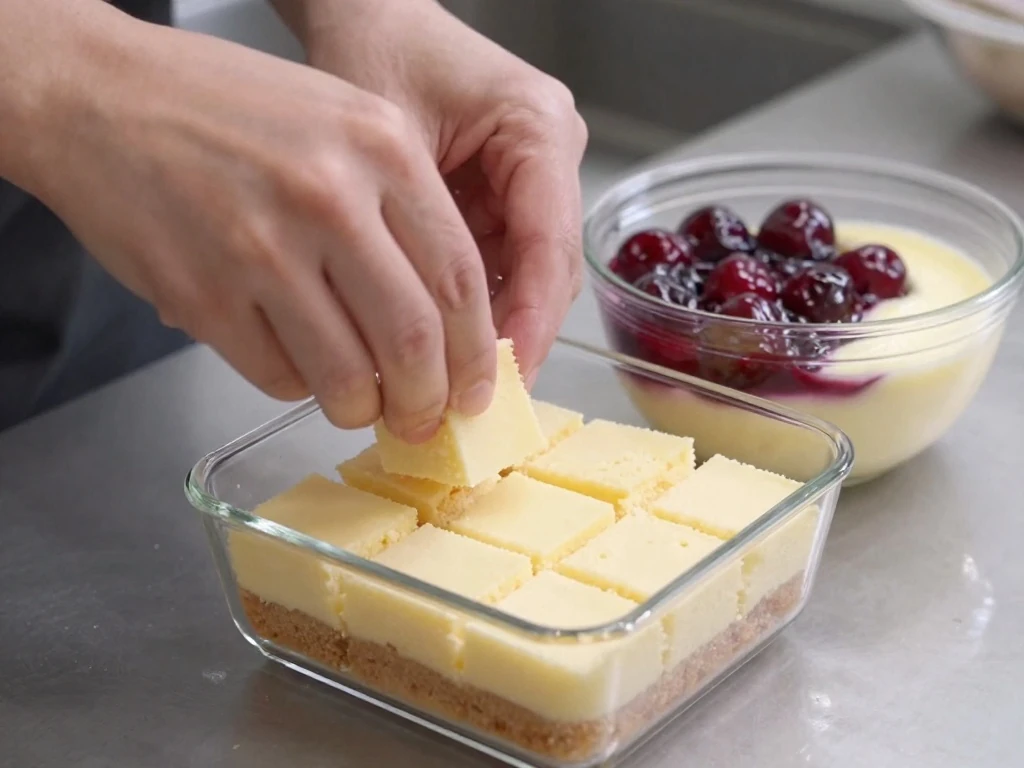 Layering angel food cake and cherry filling for Heaven on Earth Cake