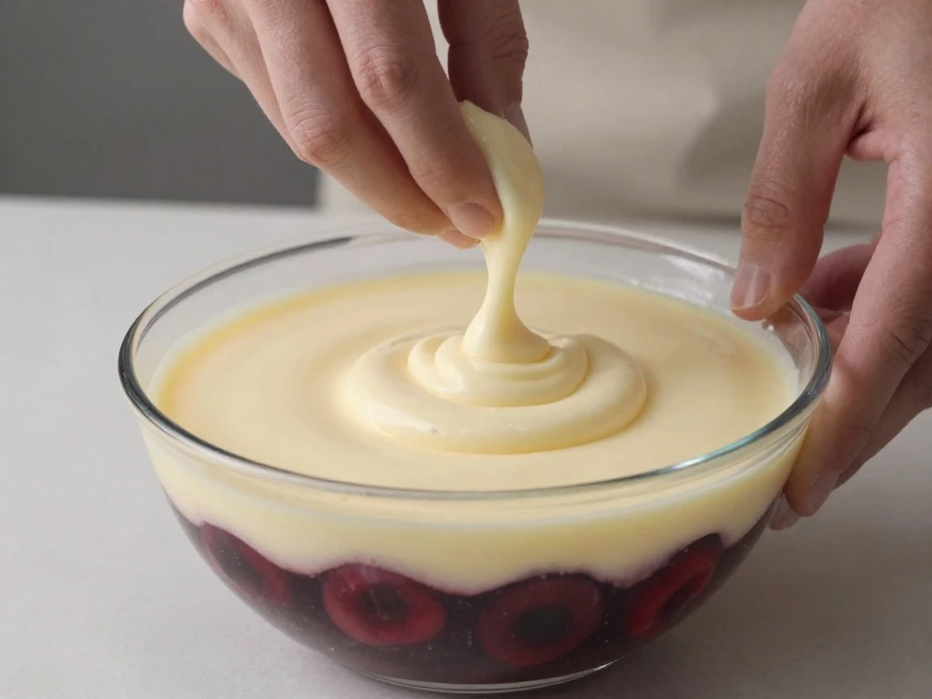 Spreading creamy vanilla pudding over the cherry layer