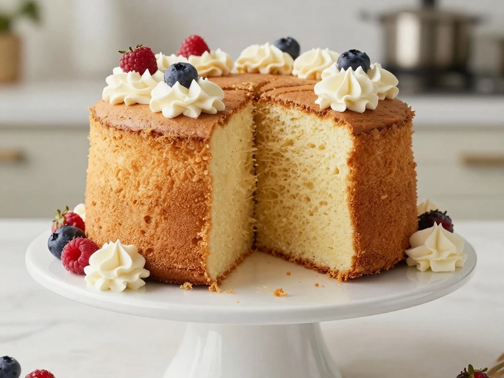 Tall homemade Heavenly Angel Food Cake with berries and whipped cream