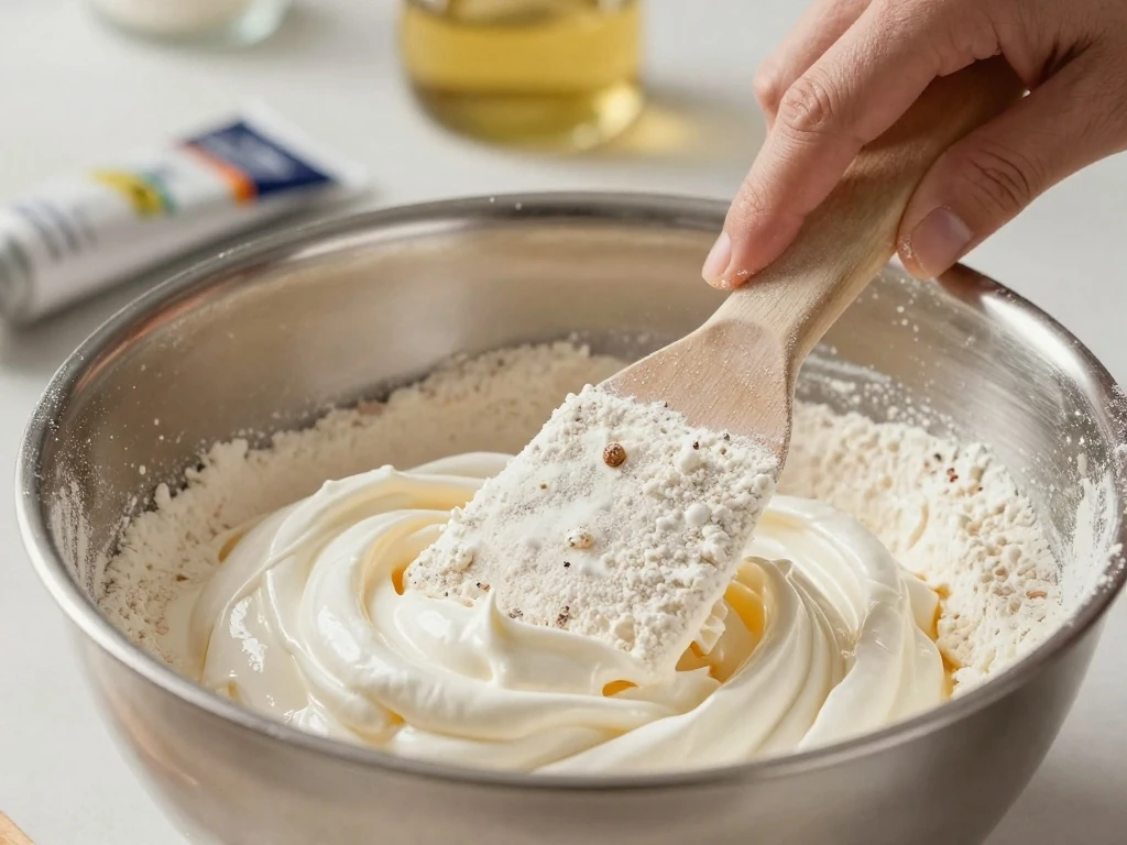 Folding flour mixture into whipped egg whites for angel food cake