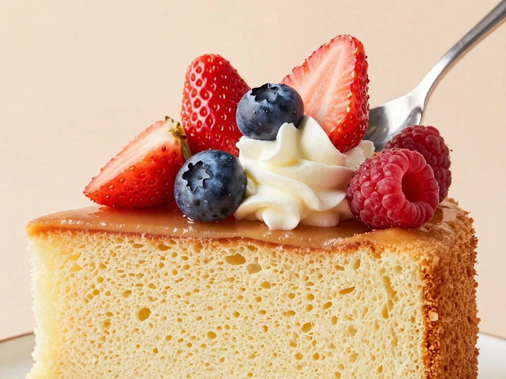 Angel food cake slice topped with berries and whipped cream