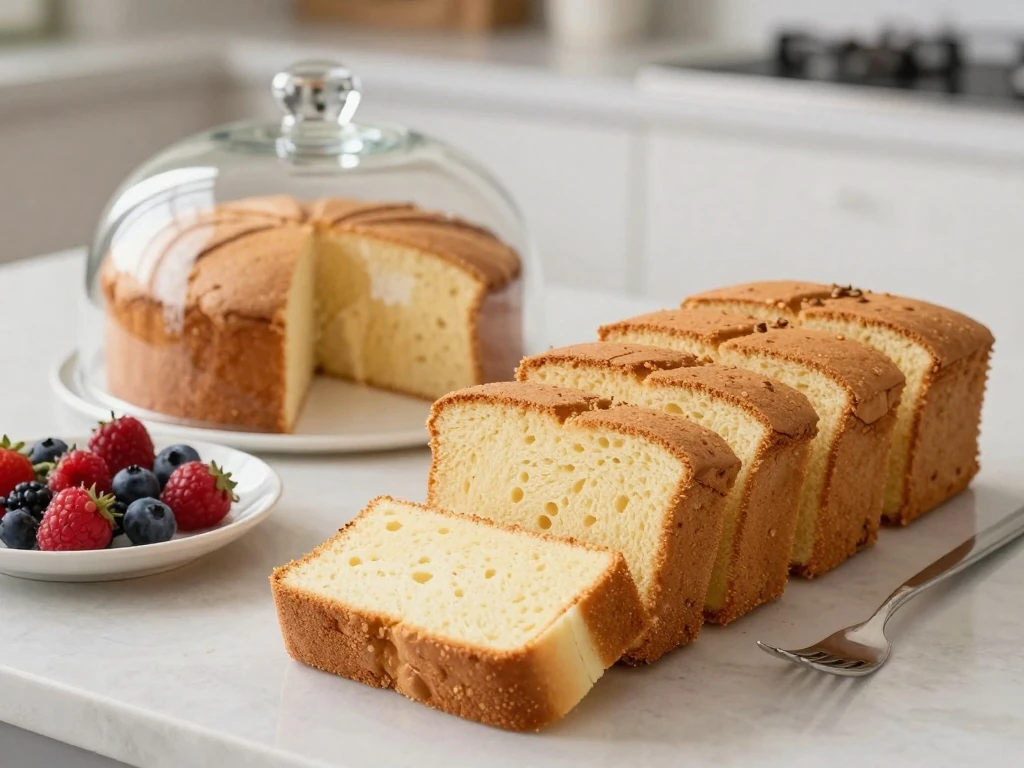 Stored angel food cake slices ready for serving