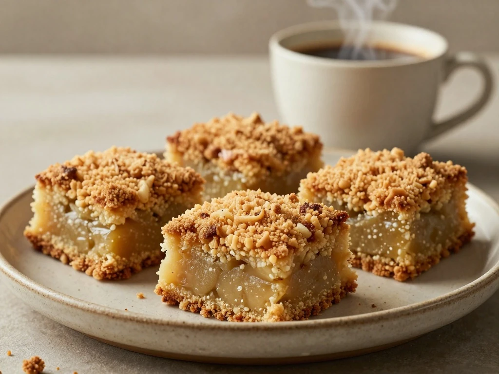 Golden apple crumb cake squares served with coffee