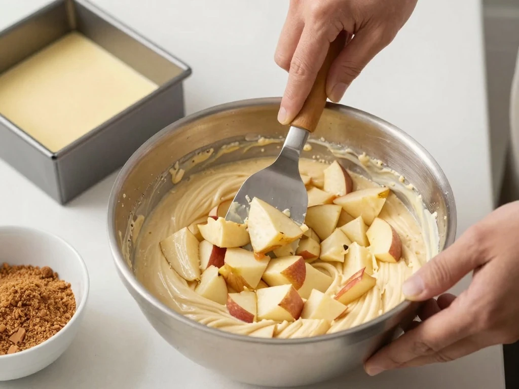 Folding diced apples into crumb cake batter