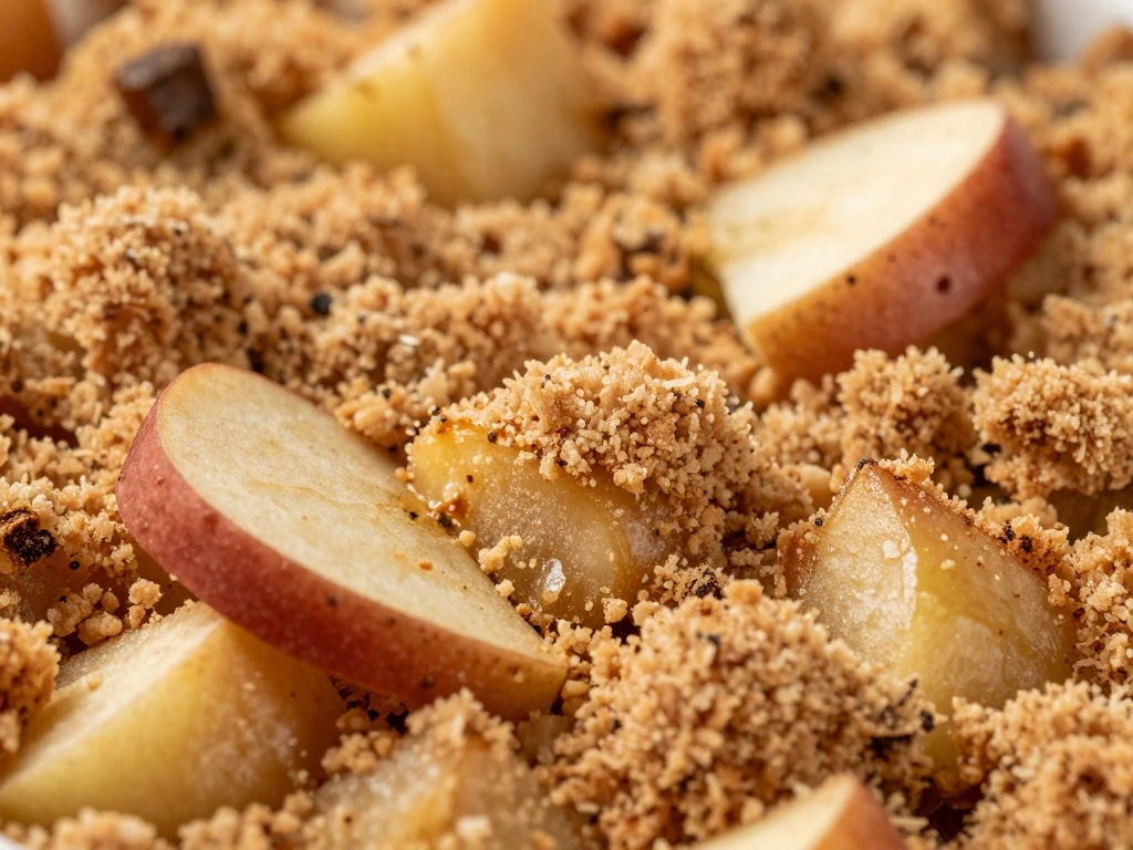 Close-up of cinnamon crumb topping and apple pieces
