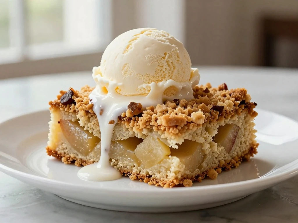 Apple crumb cake served with vanilla ice cream