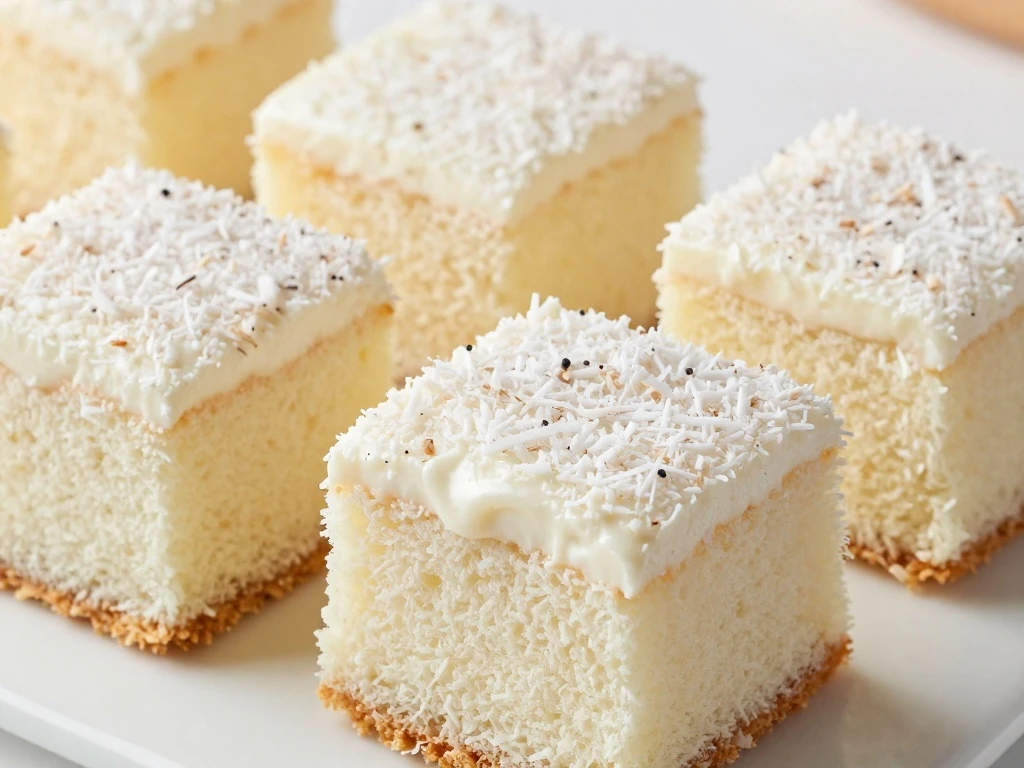 Slices of easy Heavenly Coconut Cake with whipped topping and shredded coconut