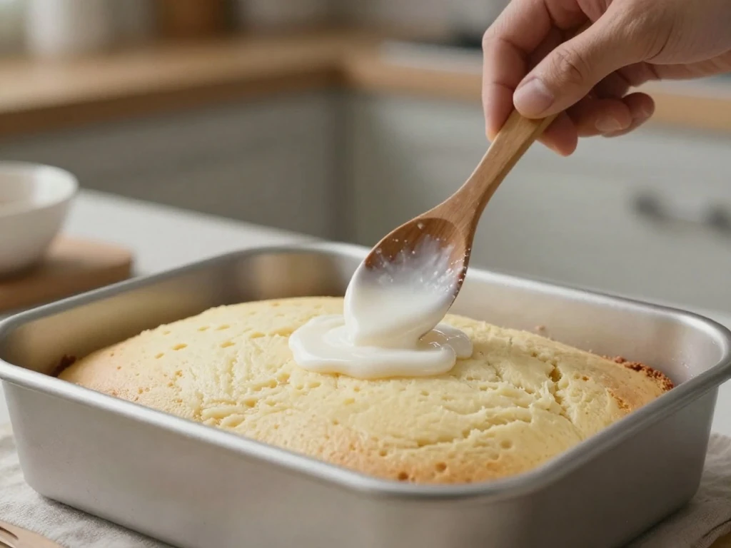 Piercing a baked cake before adding the coconut soak