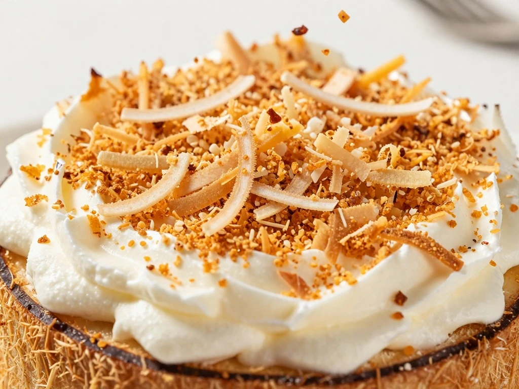 Toasted and untoasted coconut topping on coconut cake