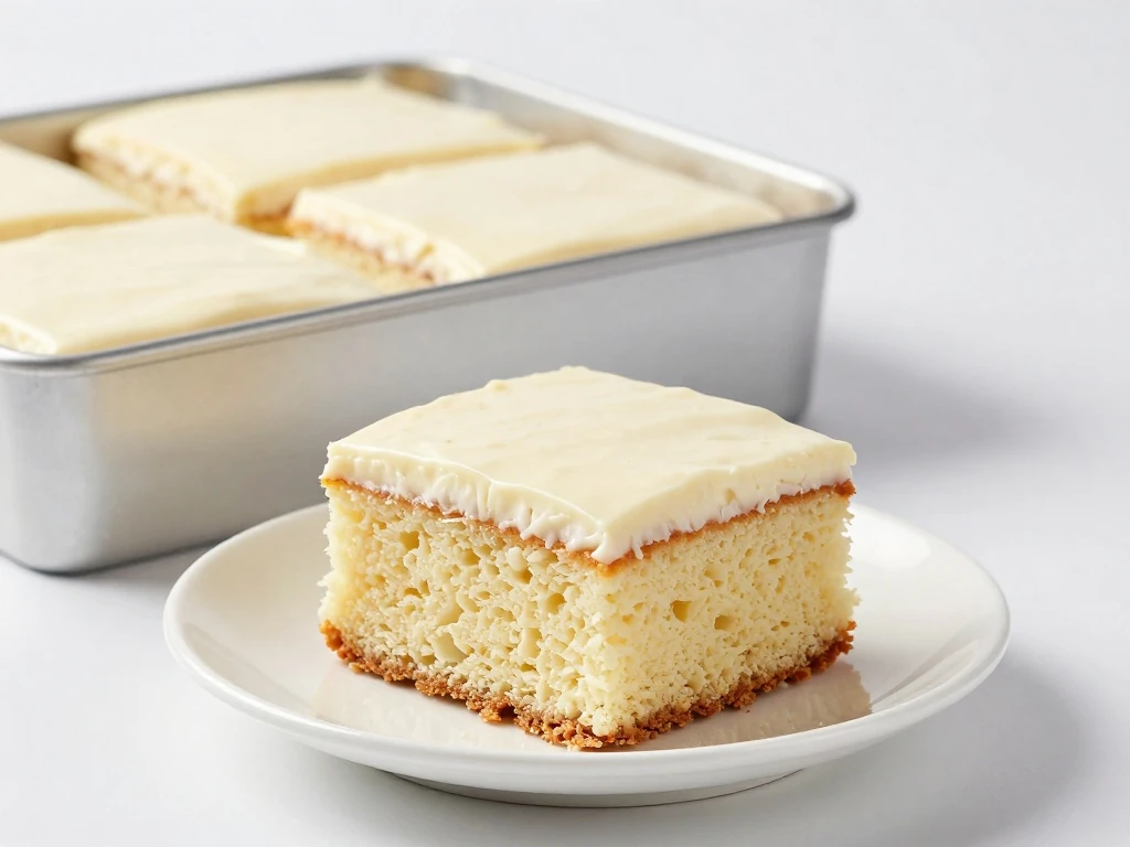 Chilled coconut cake square ready for serving