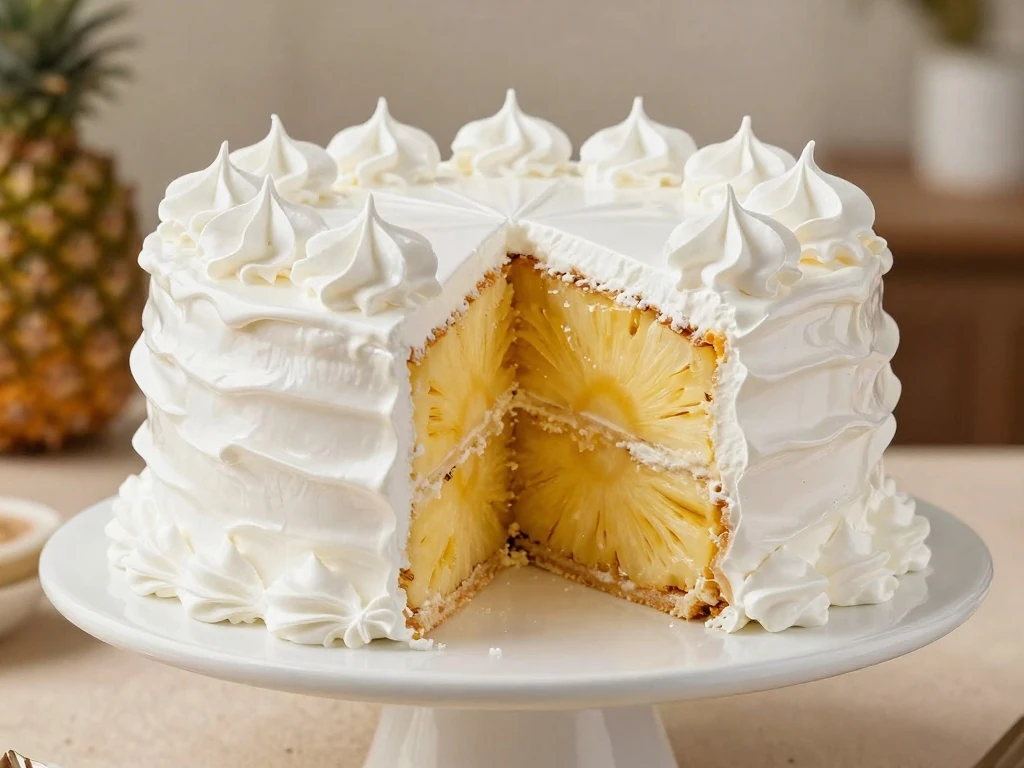 Two-layer Dominican bizcocho with pineapple filling and white meringue frosting