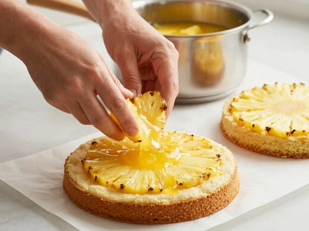 Spreading pineapple filling between Dominican cake layers