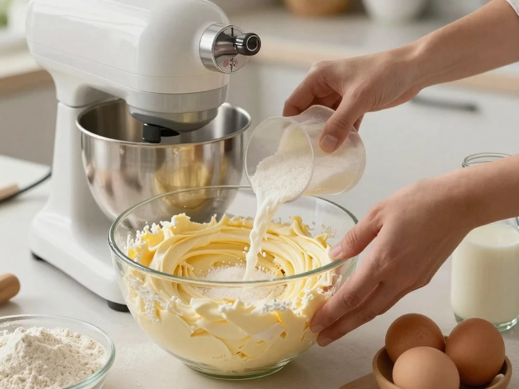 Creaming butter and sugar for a tender Dominican cake crumb