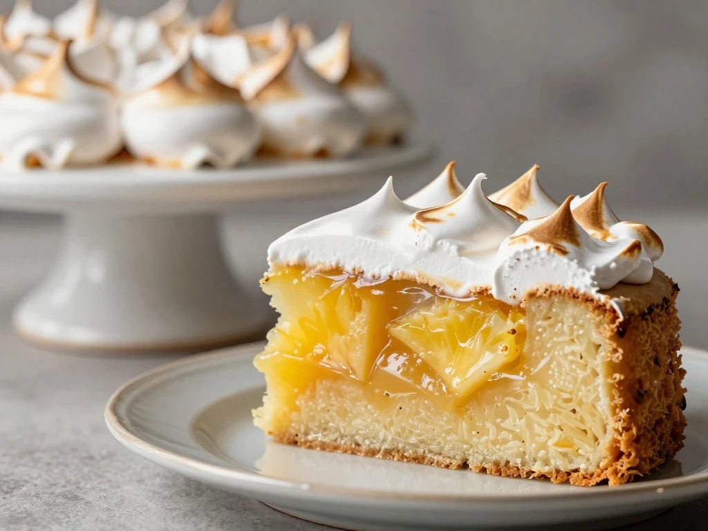 Slice of Dominican bizcocho showing pineapple filling