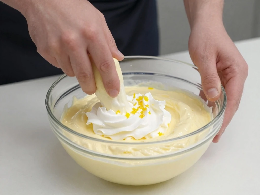 Folding whipped cream into lemon cream cheese filling