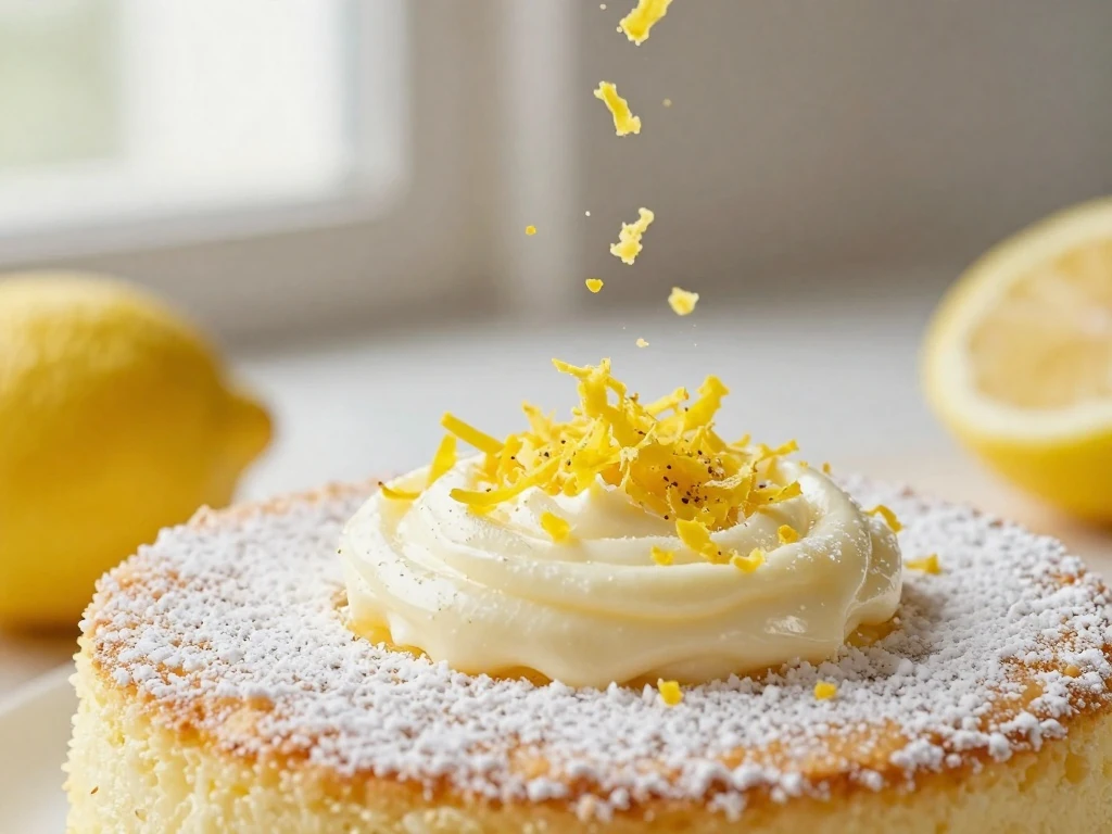 Lemon zest and powdered sugar on Italian cream cake