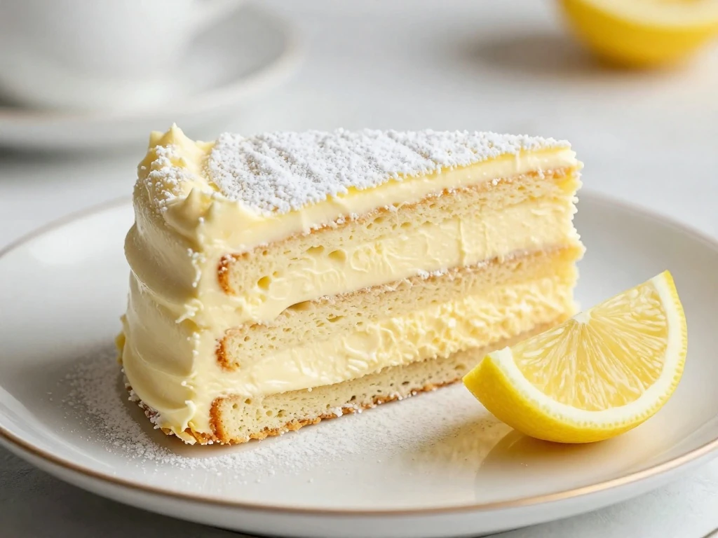 Sliced chilled Italian lemon cream cake ready to serve