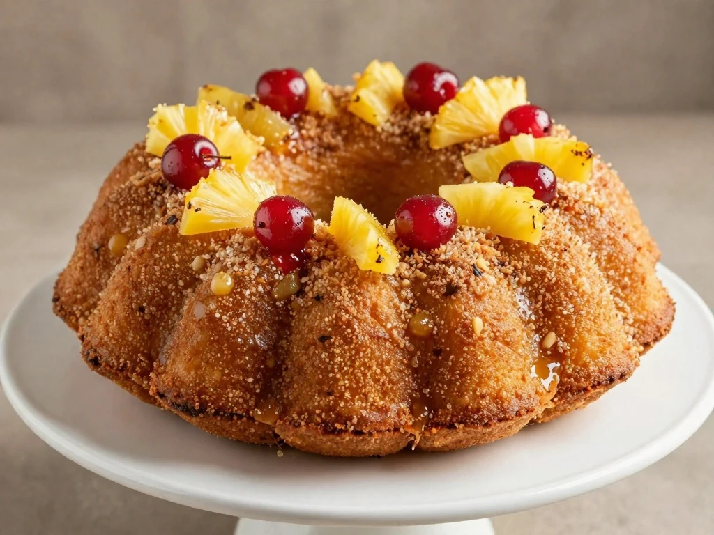 Golden pineapple upside-down Bundt cake with cherries on a white cake stand