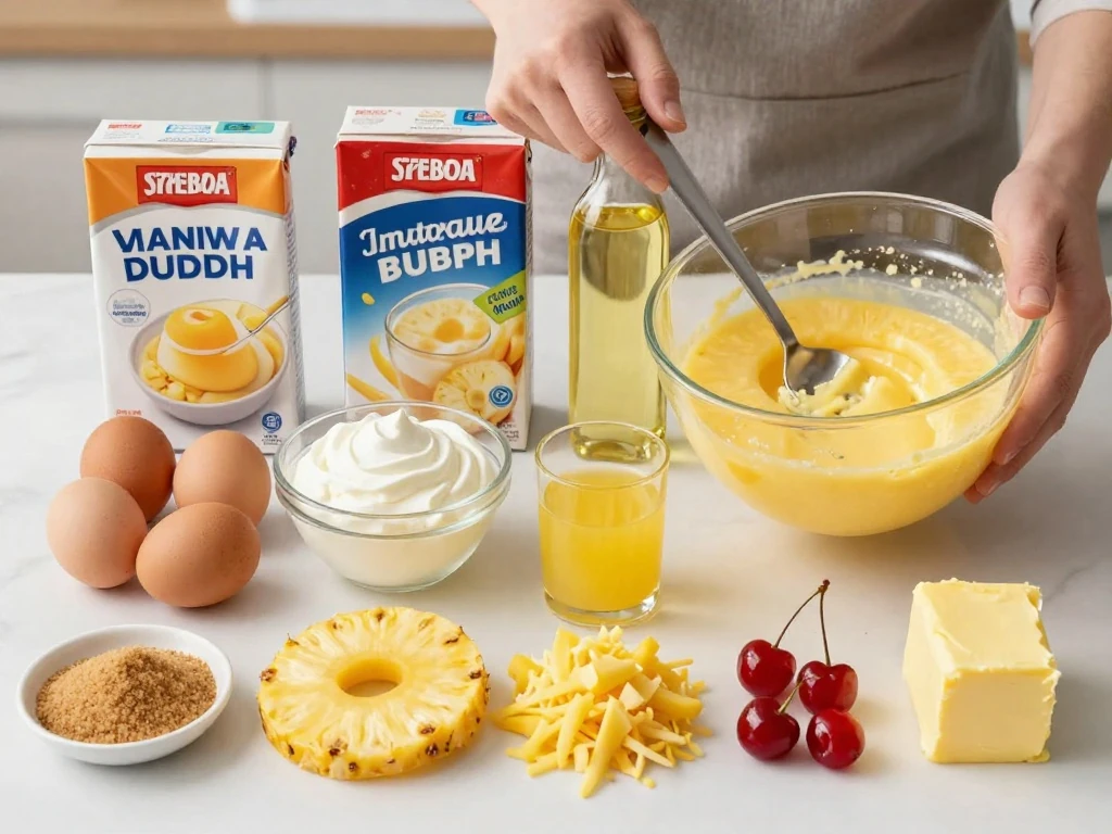 Ingredients for pineapple upside-down Bundt cake arranged on a kitchen counter