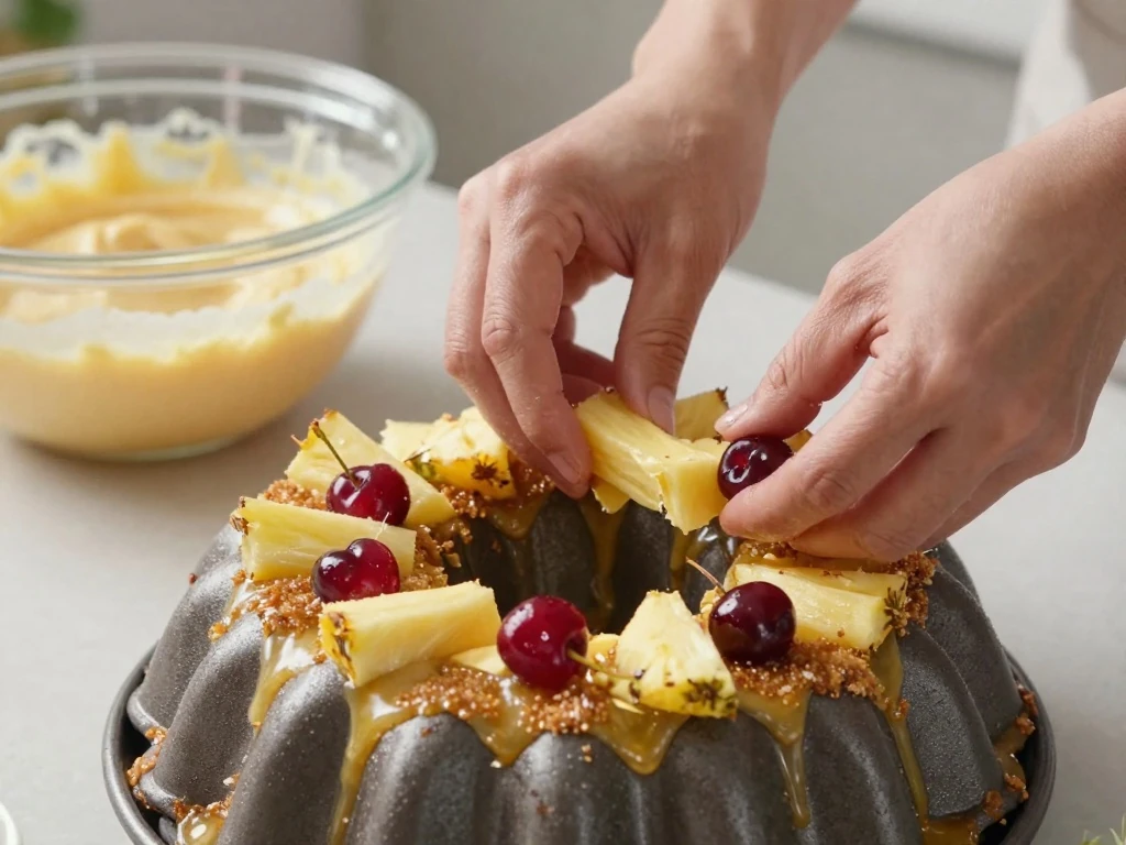 Arranging pineapple and cherries in the bottom of a Bundt pan