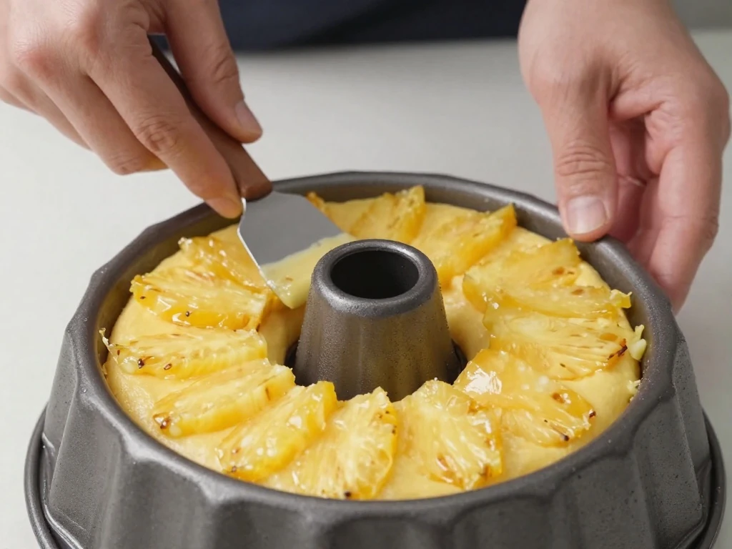 Smoothing pineapple cake batter over the fruit topping in a Bundt pan
