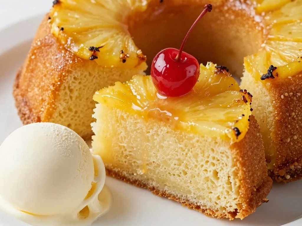 Slice of pineapple upside-down Bundt cake served with vanilla ice cream
