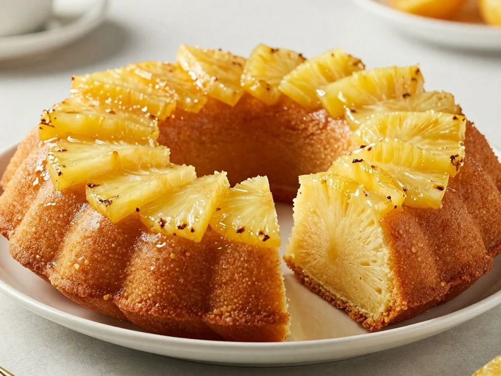 Covered serving platter with pineapple upside-down Bundt cake slices