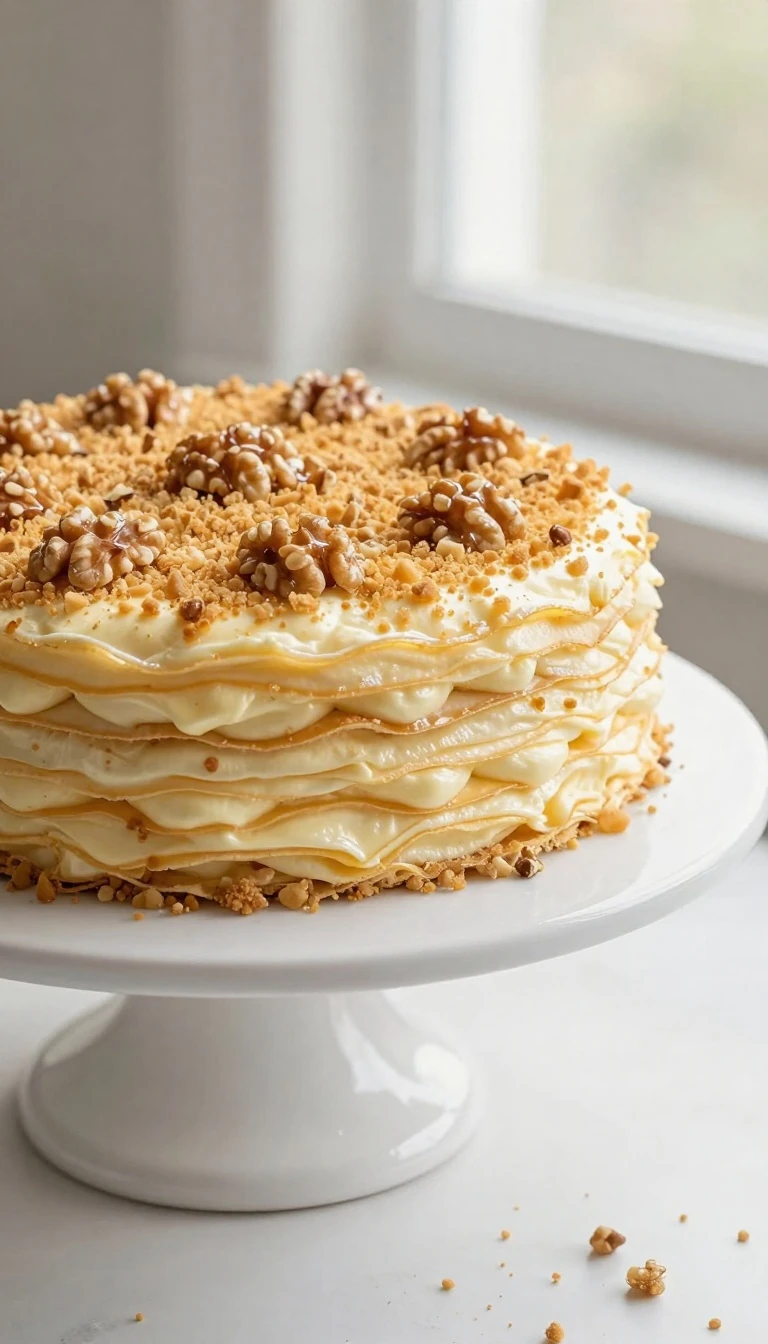 Russian Honey Cake Medovik, layered and dusted with crumbs