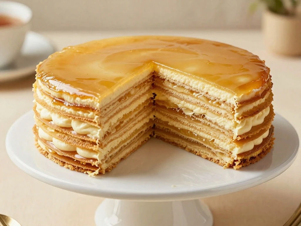 Russian honey cake Medovik showing thin golden layers and creamy filling